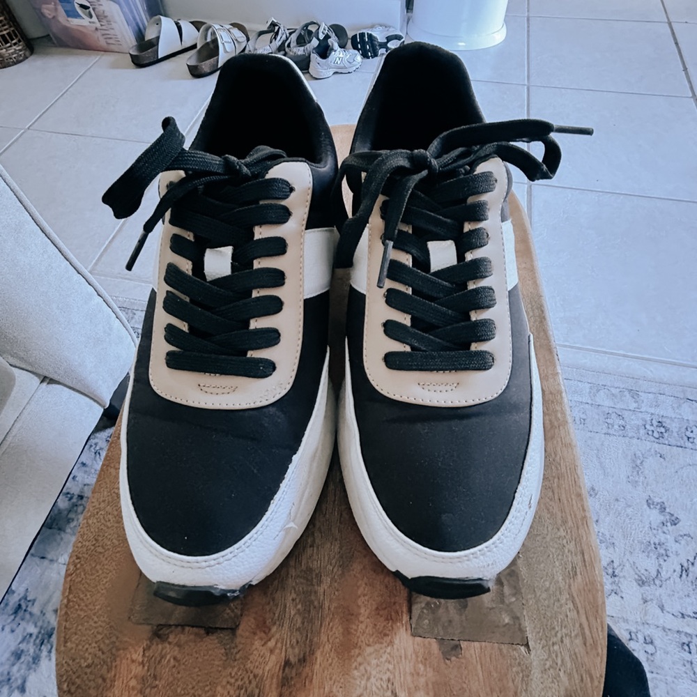 Black and White Sneakers with Brown Trim